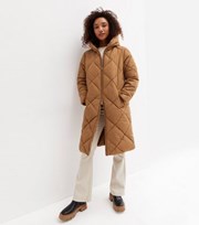 New Look Rust Quilted Hooded Long Puffer Jacket